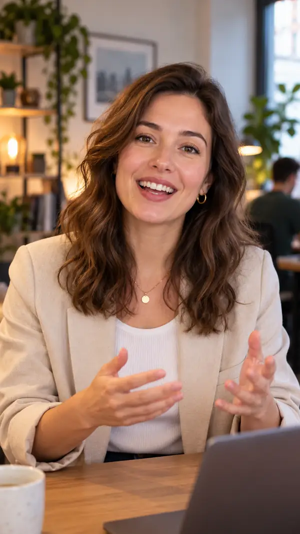 Friendly SEO consultant in a softly lit office, framed in a vertical testimonial video still