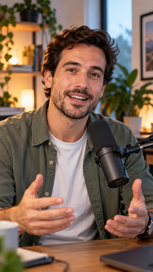SEO consultant speaking into a microphone at home, framed in a vertical testimonial video still