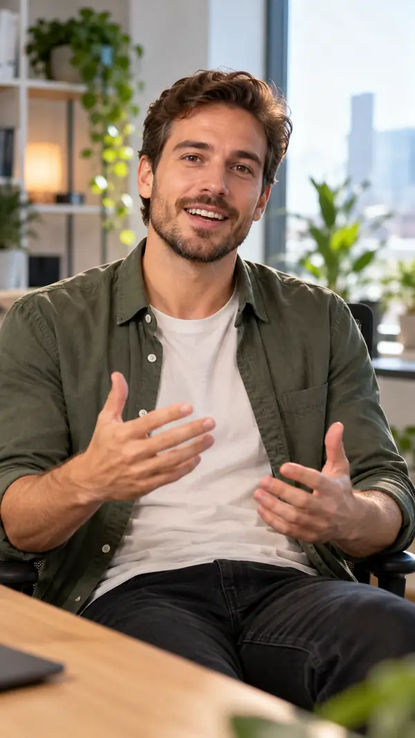 Local SEO agency founder seated in a bright office, framed in a vertical testimonial video still