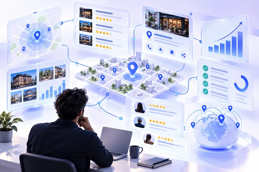 Local SEO work represented as a scattered planning process